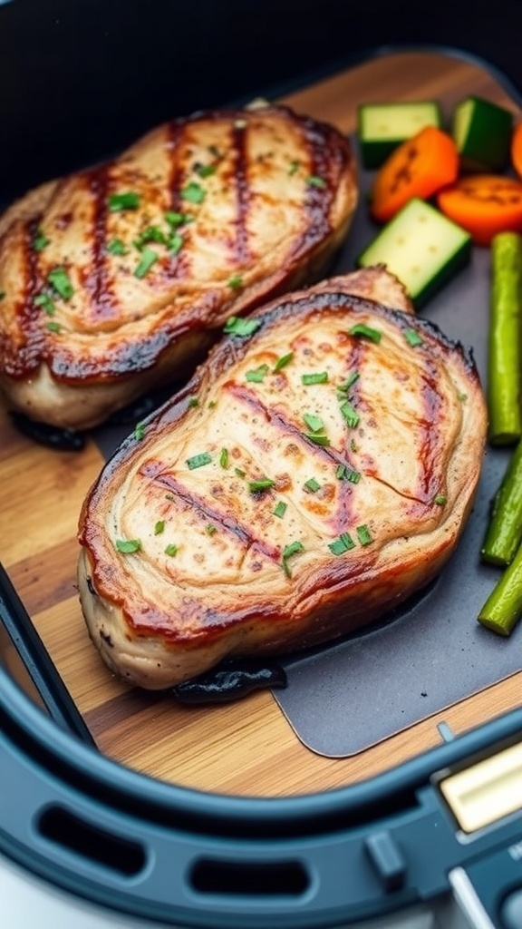 Reheated steak in an air fryer with a golden crust and juicy interior, served with roasted vegetables.